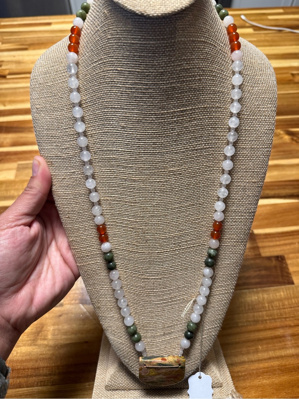 Handcrafted Multicolor Stone Bead Necklace - White, Green & Orange